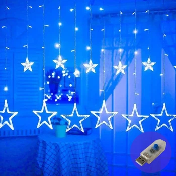 Гірлянда-бахрома штора Зірки 12 ниток 120LED 3м*1м на батарейках+USB Синій 1000-ZABI-8USB