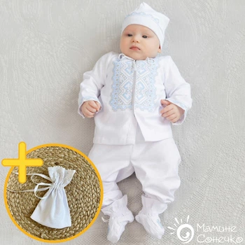 Костюм для крещения мальчика Мамине Сонечко Богатырь серебряно-голубой 56 размер, набор одежды для крещения мальчика (вышиванка, брюки, шапка и пинетки), лен белый + мешочек для прядей у подарок ( арт. 12112)