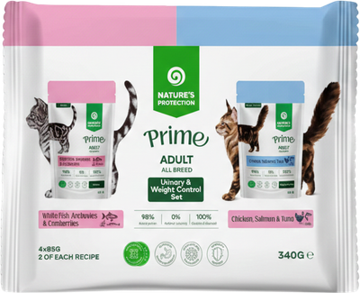 Промо Набор Упаковка влажного корма для кошек Nature's Protection Prime Multiple Functions Cats Set Adult с белой рыбой, анчоусами и клюквой, а также с курицей, лососем и тунцом 85 г х 4 шт (NPPR47920)