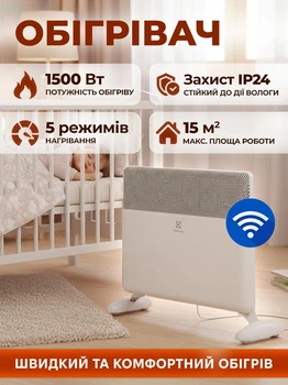 Электрический конвектор Electrolux ECH/AT-1500 3AE EEC, 1500 Вт, Wi-Fi, электронный термостат, настенный/напольный монтаж, IP24