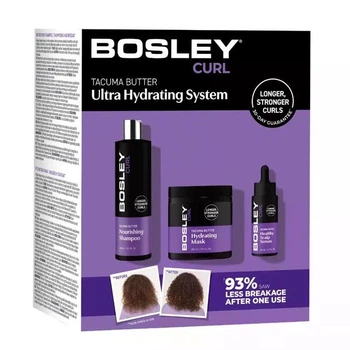 Набор Bosley Curl Ultra Hydrating System против истончения и выпадения вьющихся волос: Питательный шампунь + Увлажняющая маска + Сыворотка для роста волос