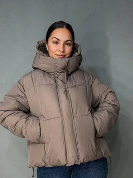 Куртка женская Lady Yep 9068 оверсайз укороченная надпись впереди с капюшоном one size капучино