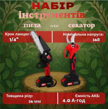Набор аккумуляторного инструмента 2 в 1 Ingco 36V Секатор садовый червоно-темний