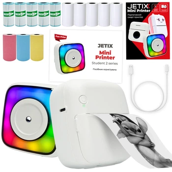 Портативный термопринтер JETIX Mini Printer Student 2, мобильный принтер с набором термобумаги и ночником