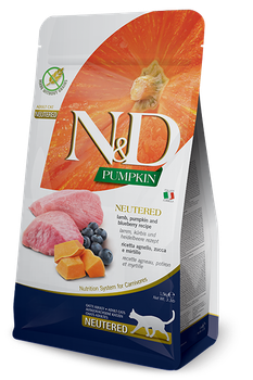 Сухий беззерновий корм Farmina (Фарміна) N&D Grain Free NEUTERED PUMPKIN для стерилізованих кішок з гарбузом, ягням та чорницею 1.5 кг.