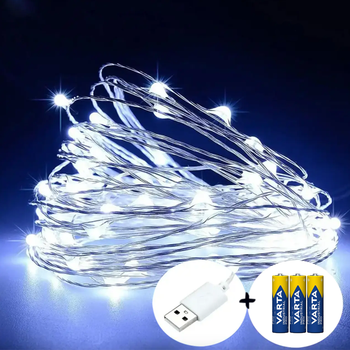 LED гирлянда новогодняя Капля росы 100LED 10м цвет Холодный Белый режим статика и мерцание 2 в 1 от USB и батареек
