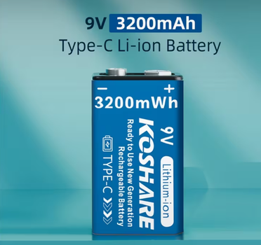 Акумулятор крона 9V 3200mAh із вбудованим зарядним пристроєм через USB кабель TYPE-C вхід KOSHARE L-ION