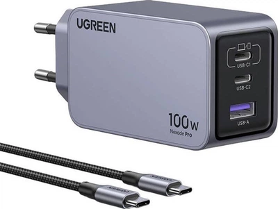 Мережевий зарядний пристрій Ugreen Nexode Pro GaN 1 x USB-A + 2 x USB-C 100 Вт Grey (6941876228744)