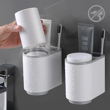 Тримач для зубних щіток зі стаканами MBM HOME BP-20 WHITE/GRAY клейкий пластиковий біло-сірий