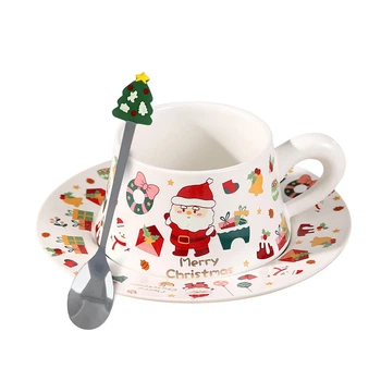 Чашка Lesko "Merry Christmass" Санта-Клаус JJX005 White с блюдцем с ложкой в подарочной упаковке