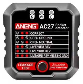 Универсальный бытовой цифровой тестер розеток ANENG AC27 фазометр Проверка полярности фазы и нуля ошибок заземления диагностика розетки Black