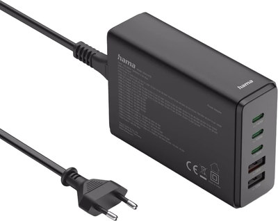 Zasilacz uniwersalny Hama GaN 140W PD/QC 3x USB-C 2x USB-A Black (201978)