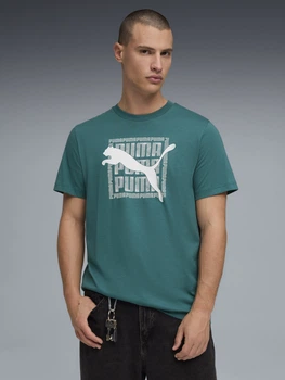 Футболка бавовняна довга чоловіча Puma Graphics 69177541 S Emerald Ice з принтом (4069161731006)