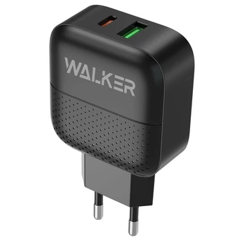 Сетевое зарядное устройство Walker WH-37, PD 3A / QC 3.0 18W, USB-C/USB-A, черный цвет