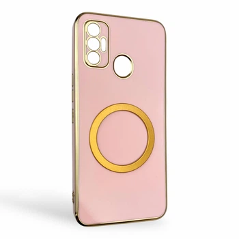 Чехол для Tecno Spark 7 (KF6n) глянцевый с защитой камеры с золотой окантовкой и кольцом MagSafe пудровый