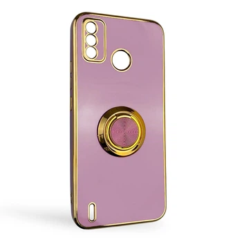 Чехол для Tecno Spark 6 Go (KE5) глянцевый с защитой камеры с золотой окантовкой с кольцом-подставкой сиреневый