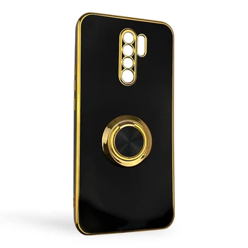 Чехол для Xiaomi Redmi 9 глянцевый с защитой камеры с золотой окантовкой с кольцом-подставкой черный