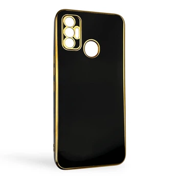 Чехол для Tecno Spark 7 Go (KF6m) глянцевый с защитой камеры с золотой окантовкой черный