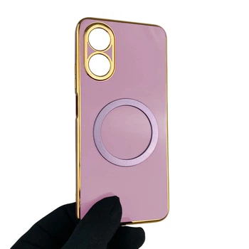 Чехол для OPPO A17k глянцевый с защитой камеры с золотой окантовкой с кольцом MagSafe сиреневый