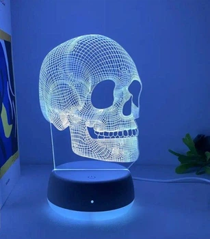 Акриловий 3D світильник нічник Череп з білою підставкою 7 кольорів