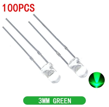Светодиоды F3 3мм Зеленый свет 100шт 3-3.2V 20ma White-Green (128)