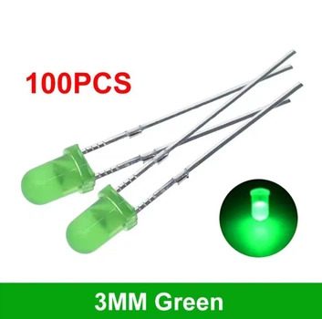 Светодиоды F3 3мм Зеленый свет 2-2.2V 20ma 100шт Green dip диод (130)