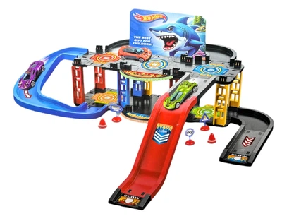 Трасса трек с машинками два уровня игрушечный 38 деталей Hot Wheel автотрек с дорожными знаками