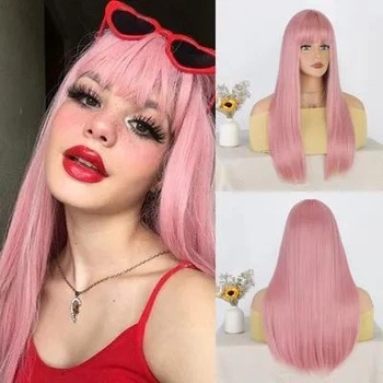 Парик AISI длинные прямые волосы 60 см Розовый NYL2626-Pink