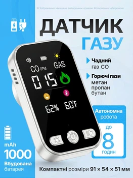 Датчик витоку газу чадного природного комбінований газоаналізатор CO детектор виявлення портативний бездротовий автономний з вбудованим акумулятором побутовий датчик диму для дому квартири кухні сигналізація безпеки захист оповіщення тривоги