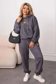 Спортивный костюм женский oversize с вышивкой из замши на дайвинге большие размеры 58-60 Графитовый