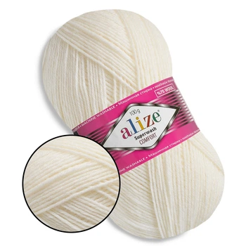 Alize Superwash, Кремовый №01 - тонкая тёплая пряжа для носков и аксессуаров, 100 г / 420 м, 75% шерсть Superwash / 25% полиамид, Ализе Супервош