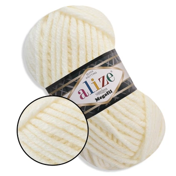 Alize Megafil Super Lana, Молочный №62 - объемная полушерстяная пряжа 100 г / 55 м, 25% шерсть / 75% акрил – для шапок, снудов и свитеров