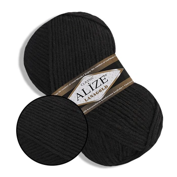 Alize Lana Gold, Черный №60 - полушерстяная пряжа средней толщины, 100 г / 240 м, 49% шерсть / 51% акрил, для теплых изделий (Ализе Лана Голд)
