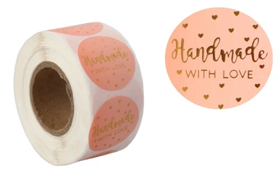 Наклейки стикеры "Handmade with love" B118, розовые, круглые 2.5 см, 500 шт./рулон, самоклеящиеся этикетки для упаковки товаров ручной работы