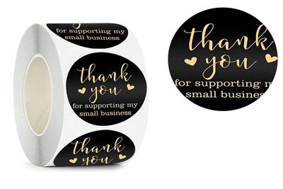 Наклейки стікери "Thank you" L110, чорні, круглі 2.5 см, 500 шт./рулон, самоклейні етикетки для пакування товарів ручної роботи