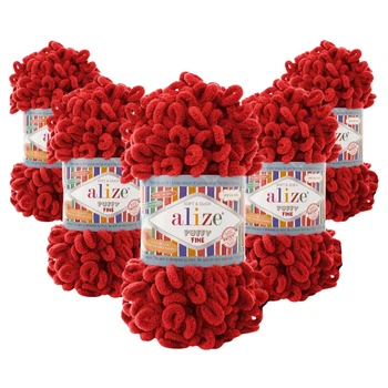 Упаковка Alize Puffy Fine, Червоний №56, 5шт - плюшева пряжа з петлями для в'язання руками, 100 г / 14 м, для пледів, іграшок, одягу