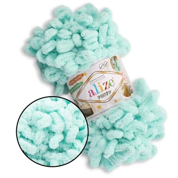 Alize Puffy № 19 Світло-бірюзовий, 100г/9м - Алізе Пуффі, плюшева пряжа з готовими петлями для в'язання руками пледів, іграшок та аксесуарів