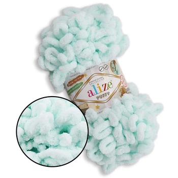 Alize Puffy, Водяная зелень №15, 100г/9м – Ализе Пуффи, плюшевая пряжа с готовыми петлями для вязания руками пледов, игрушек и аксессуаров