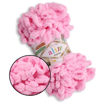 Alize Puffy № 185 Рожевий, 100г/9м - Алізе Пуффі, плюшева пряжа з готовими петлями для в'язання руками пледів, іграшок, балаклав, аксесуарів