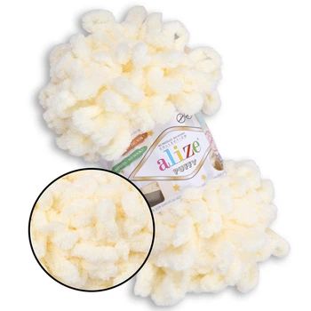 Alize Puffy № 01 Молоко, 100г/9м – Ализе Пуффи, плюшевая пряжа с готовыми петлями для вязания руками пледов, игрушек и аксессуаров