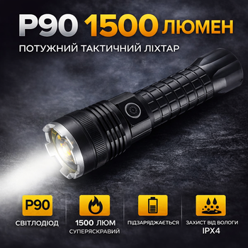 Фонарь ручной Bailong P90-BL type-c на аккумуляторе 1500 люм IPX4