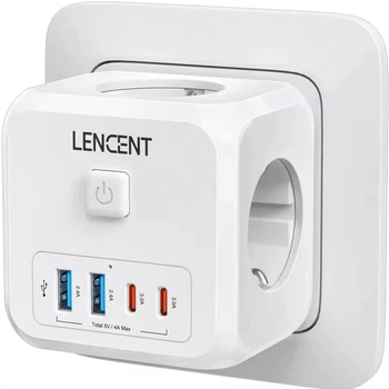Зарядний пристрій для телефону Lencent трійник на 3 розетки з двома USB і Type C мережевий розгалужувач