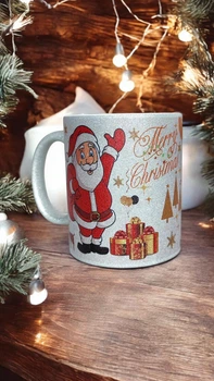 Глітерна керамічна чашка "Щасливого Різдва" (Merry Christmas) 330 мл (11 унцій) Chaban_Souvenir срібна з Санта Клаусом/Святим Миколаєм/Дідом Морозом та побажанням GL_S_NG014
