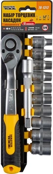 Набор головок торцевых 6-гранных Mastertool ½" 8-19 мм с трещоткой 72 зубца удлинитель CrV 12 шт 78-1312