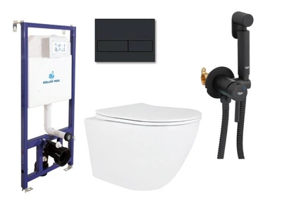 Комплект подвесного унитаза с крышкой Qtap Robin Ultra Quiet Tornado и инсталляции Koller Pool с клавишей 3в1 + гигиенический душ Qtap Черный матовый (QT13332381АSW/KP-112-001/KP-226-017/QTINSVARBСRV00440001)