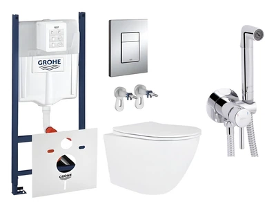 Комплект инсталляции Grohe Rapid SL 4в1 и подвесного унитаза с крышкой Qtap Robin Ultra Quiet Tornado 3.0 + гигиенический душ Qtap(3884000G/38732000/QT13332381АSW/QTINSVARCRMV01)