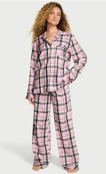 Піжама фланелева Victoria's Secret Victoria's Secret Flannel Long Pajama Set рожева з чорним клітинка із сріблястою ниткою S long
