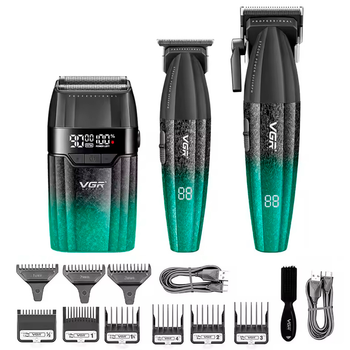 Комплект VGR 3 в 1 V-640 S3 GREEN, машинка для стрижки, триммер и электробритва шейвер