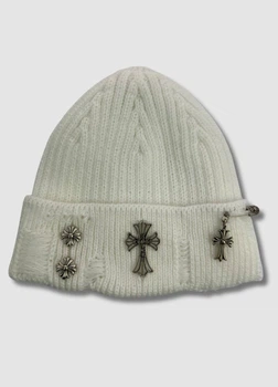 Зимова шапка докер із металевою фурнітурою Chrome Hearts 55-58 см Білий