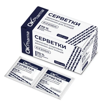 Спиртовые салфетки OK Pharma 6×3 см, 100 шт (70% изопропиловый спирт)